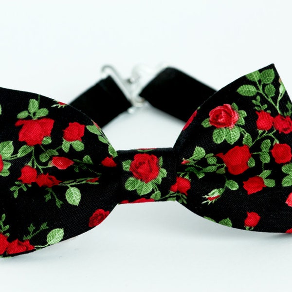 Mens black floral bow tie, red roses bowtie, groomsmen bow tie and pocket square, bowtie and suspenders set, wedding floral bow tie,