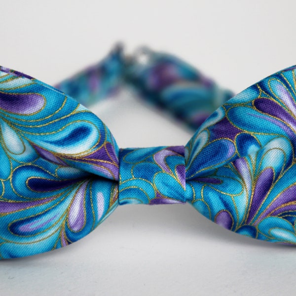 Peacock swirl bow tie, blue purple bow tie, blue with metallic gold bowtie, mens bow tie, wedding bow tie, grooms floral bow tie, ringboy