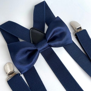Navy satin bow tie and suspenders set,  wedding navy blue, grooms bow tie, mens navy boys bow tie, navy suspenders