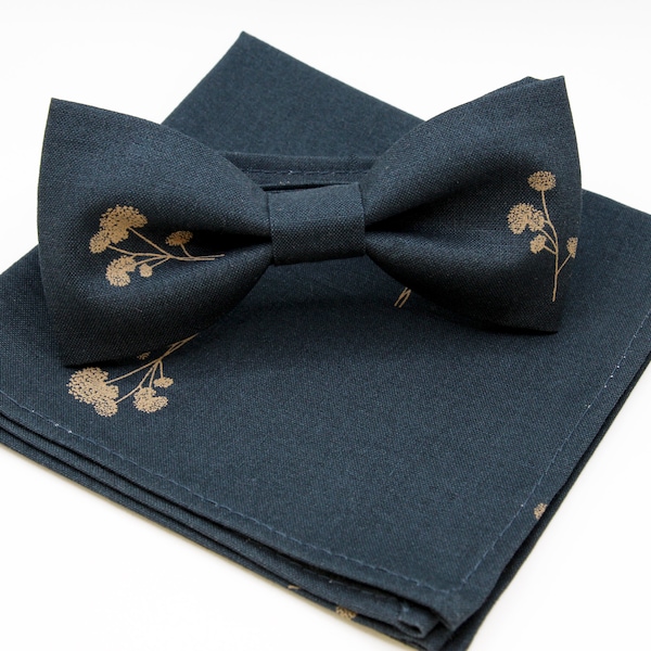 Deep blue floral bow tie, dark blue with dandelions bowtie, mens outift, elegant, gift for him, wedding bow tie, kids boys bow tie, fall tie