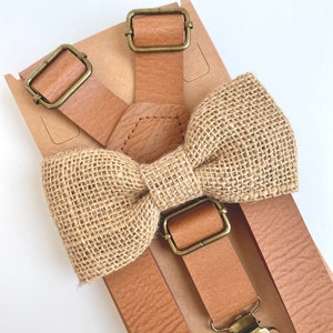 Burlap bow tie and tan faux leather suspenders set, vintage rustic wedding, grooms mens boys  bowtie, burlap ring boy bowtie