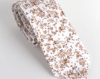 Brown floral tie for men, tan floral necktie, wedding tie for grooms, groomsmen skinny tie, floral regular tie, rustic wedding