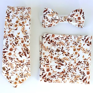 Brown floral necktie, bow tie, pocket square, mustard floral tie, fall wedding, autumn floral bowtie, grooms groomsmen ringboy brown tie