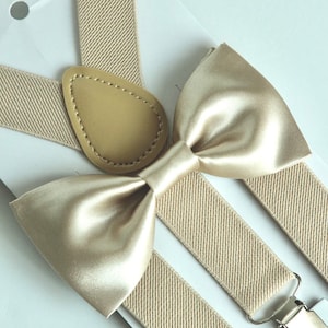 Champagne satin bow tie and suspenders, mens wedding bowtie, grooms groomsmen champagne bow tie, rustic wedding, boho wedding, boys bow tie