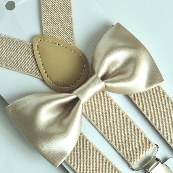 Champagne satin bow tie and suspenders, mens wedding bowtie, grooms groomsmen champagne bow tie, rustic wedding, boho wedding, boys bow tie