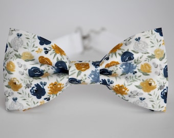 Blue gold floral bow tie, Navy mustard floral mens bow tie, yellow blue boys bow tie, flowers bow tie, wedding bow tie, fall bowtie