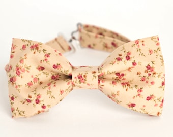 Beige floral bow tie, mens bow tie with flowers, wedding bow tie, grooms, groomsmen bow tie, pocket sqaure, tiny roses bow tie, ringboy