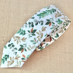 Sage green floral necktie, dusty sage men&#39;s wedding grooms groomsmen bow tie, boys bowtie, dusty green brown leaves