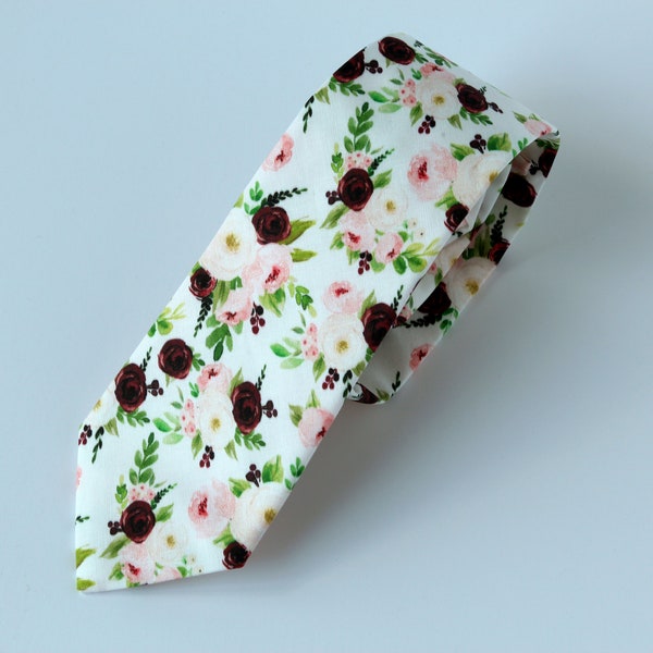 Burgundy pink flowers men's necktie, floral long tie, wedding grooms groomsmen tie, pocket square, dark burgundy floral necktie for men