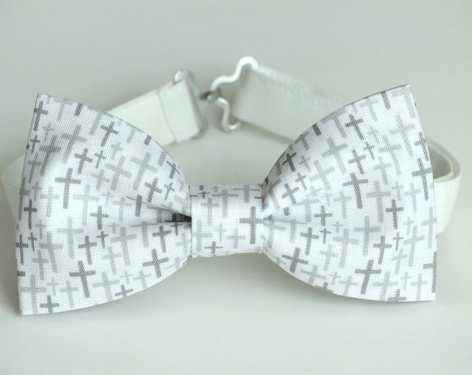 Cross Bow Tie, Faith Bow Tie, White and Grey Bow Tie, Mens Bow Tie, Boys Bow Tie, Communion Bow