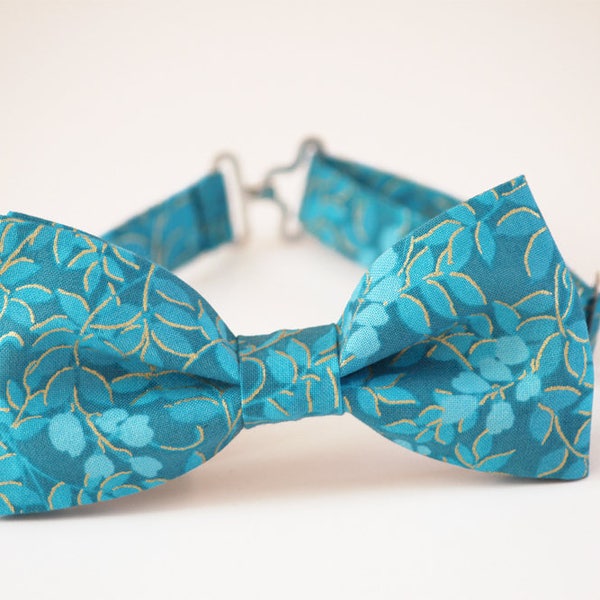 Blue floral bow tie, wedding mens bowtie, turquoise bow tie, boy's bow tie, groomsmen bow tie, groom bow tie, blue and gold floral bow tie