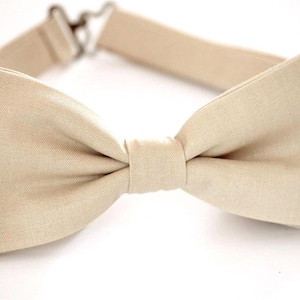 May include: A beige bow tie with an adjustable strap.