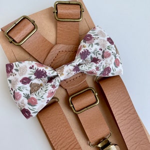 Burgundy mauve bowtie and tan faux leather suspenders set, vintage rustic wedding, grooms mens boys floral bow tie, ring bearer outfit