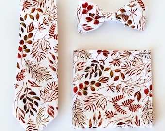 Burnt orange floral mens ties, wedding autumn necktie, bow tie, pocket square, terracotta floral tie, boys grooms groomsmen fall necktie