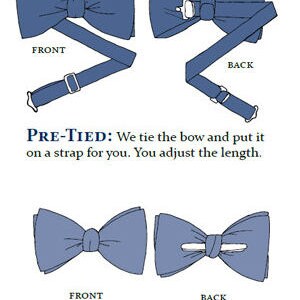 May include: Illustration showing two ways to tie a bow tie. The top image shows a pre-tied bow tie with a strap to adjust the length. The bottom image shows a clip-on bow tie with two clips to attach to a shirt. Both bow ties are blue.