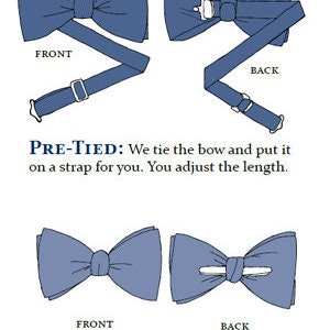May include: Illustration of two blue bow tie styles: pre-tied with an adjustable strap and clip-on. Text describes the features of each bow tie. Front and back views are shown for each style.