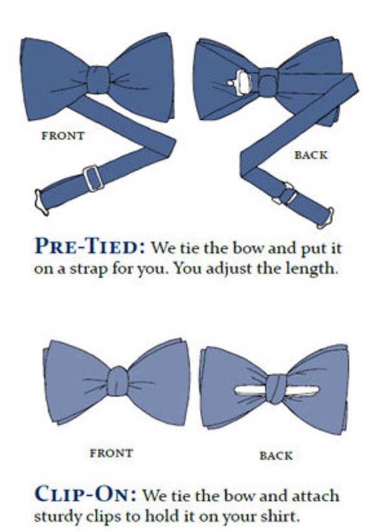 May include: Illustration of two blue bow tie styles: pre-tied with an adjustable strap and clip-on. Text describes the features of each bow tie. Front and back views are shown for each style.