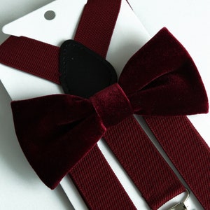Wine velvet bow tie and suspenders set, burgundy velvet men bowtie, merlot kids boys bow tie, cabernet wedding bow tie, ring bearer bow tie