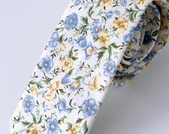 Men’s blue yellow floral necktie, skinny tie, summer wedding, blue flowers bow tie for men and boys, wildflowers necktie