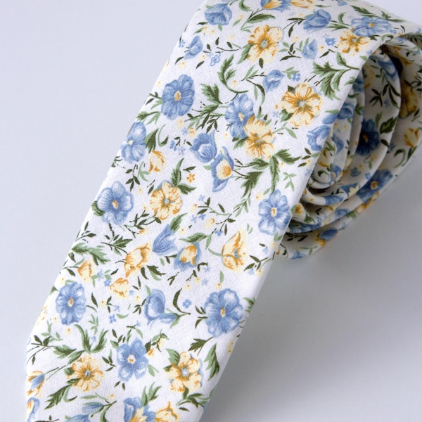 Men’s blue yellow floral necktie, skinny tie, summer wedding, blue flowers bow tie for men and boys, wildflowers necktie
