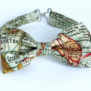 Map bow tie, mens bow tie, world map bowtie, gift for him, gift for traveler, geography bow tie, tan bow tie, globe bow tie, teacher bow tie