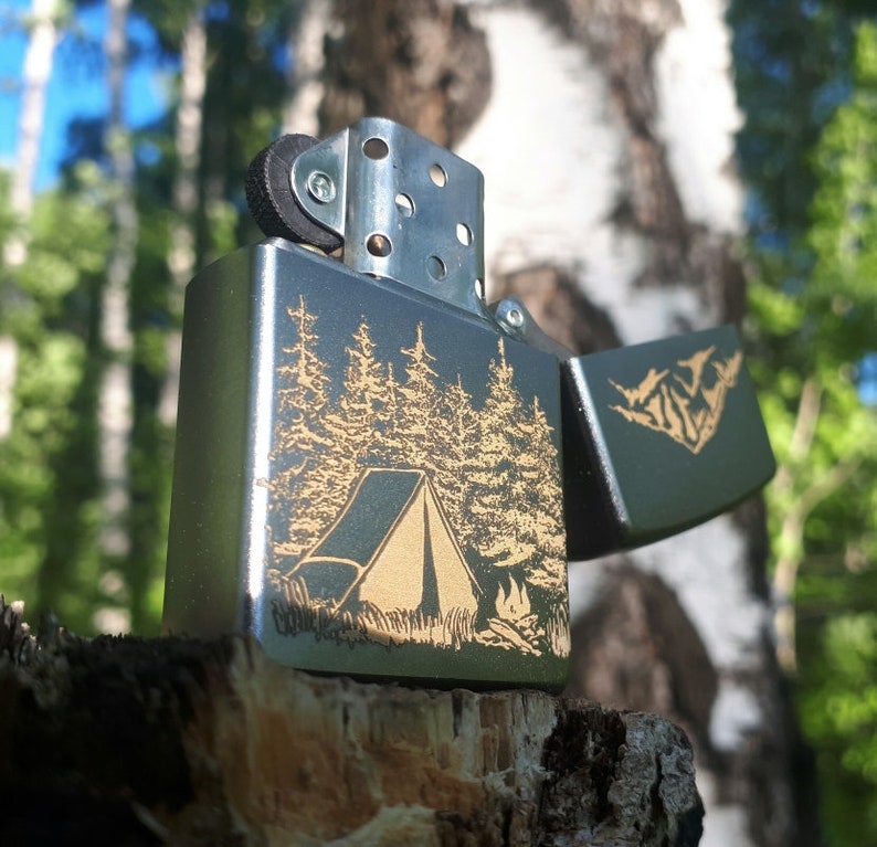 Zippo. Original lighter with an engraving. campfire. tent. Etsy