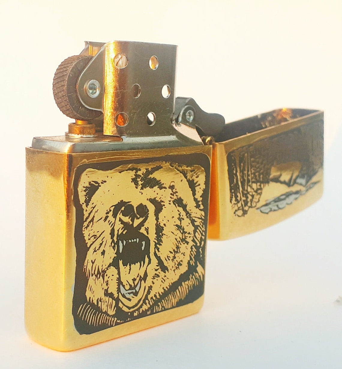 Zippo. Grizzly bear. Original Zippo. lighter with goldplated Etsy