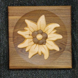 Edelweiss massief houten gesneden INTARSIA gemaakt van 2 houtsoorten WALNOOT + Esdoorn