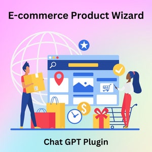 May include: Illustration of an e-commerce product wizard, a Chat GPT plugin. The image shows a website with a shopping cart, a product image, a location pin, and a price tag. Two people are interacting with the website, one holding a box and the other pointing at the shopping cart.