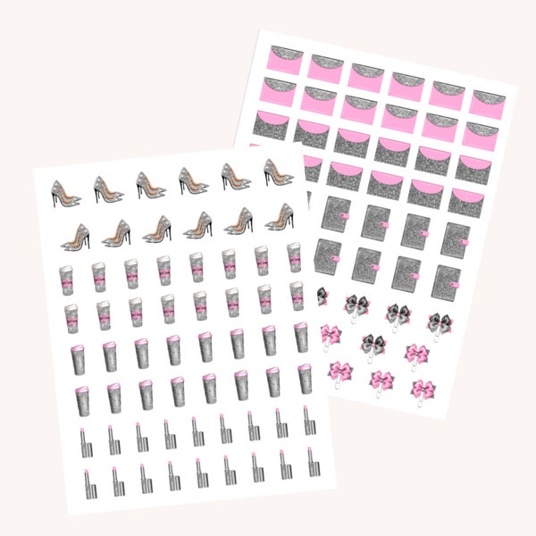 Pink, Black & White Sticker clip art, sticker sheet, Girl boss, planner girl accessories design 3