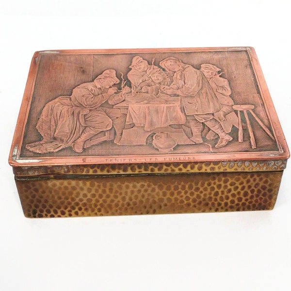 Vintage French Brass wood and copper cigar  box , hand forged