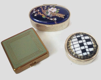 Vintage lot of 3 pill boxes  trinket boxes  metal boxes with porcelain top,roses boxes