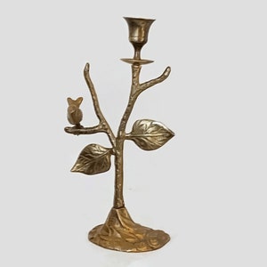 Vintage French Brass Candlestick Holder: Bird & Branch Design