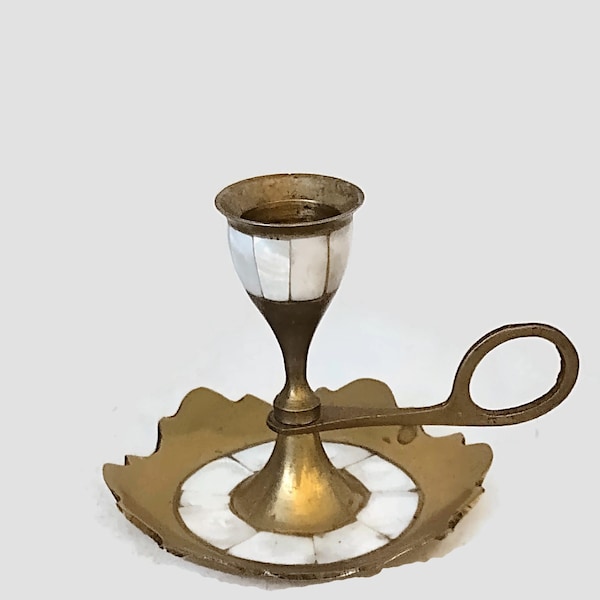 Vintage  brass  Candlestick holder,  Candle holder,Vintage brass  and mother of pearl candle holder