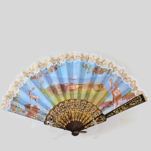 Vintage hand fan  fabric and celluloid  Hand Fan Circa 1970&#39;s
