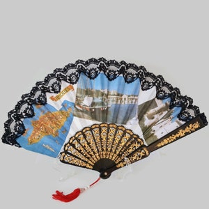 Vintage hand fan  fabric and celluloid  Hand Fan Circa 1970&#39;s