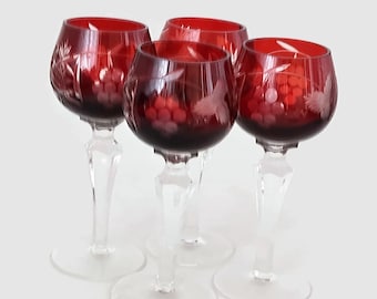 Vintage 4 Czech  crystal  liquor  glasses  hand  engraved