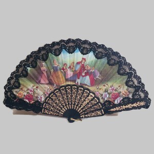 Vintage 40&#39;s  French fabric and celluloid  Hand Fan hand painted