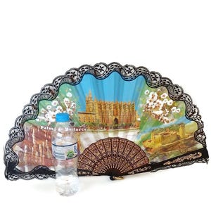Vintage large Spanish fabric and celluloid  Hand Fan Circa 1970s