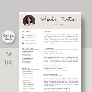 May include: A beige and white resume template with a professional headshot of a woman. The resume includes contact information, education, skills, experience, and a profile section. The text on the resume is in a simple, modern font.