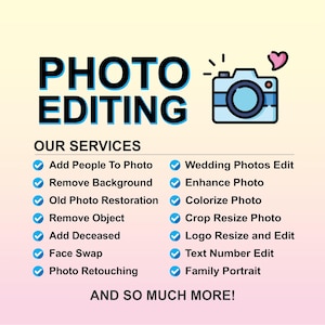 Photo editing service, Custom photo editing, Wedding photo editing services, Remove people from photos, Photoshop services