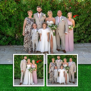 Könnte beinhalten: Eine Gruppe von Menschen posiert für ein Foto im Freien. Die Gruppe umfasst eine Braut in einem weißen Kleid, einen Bräutigam in einem beigen Anzug und andere Familienmitglieder. Der Hintergrund ist eine üppige grüne Hecke. Das Bild ist mit einem grünen Rand versehen.