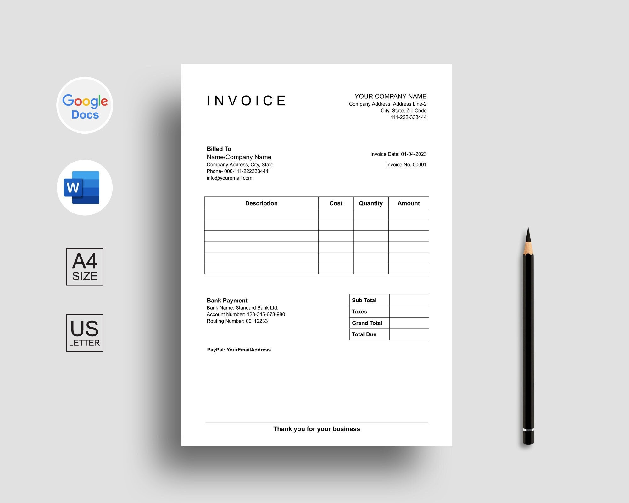 Editable Business Invoice: Simple & Clean Template (google Docs, Word ...