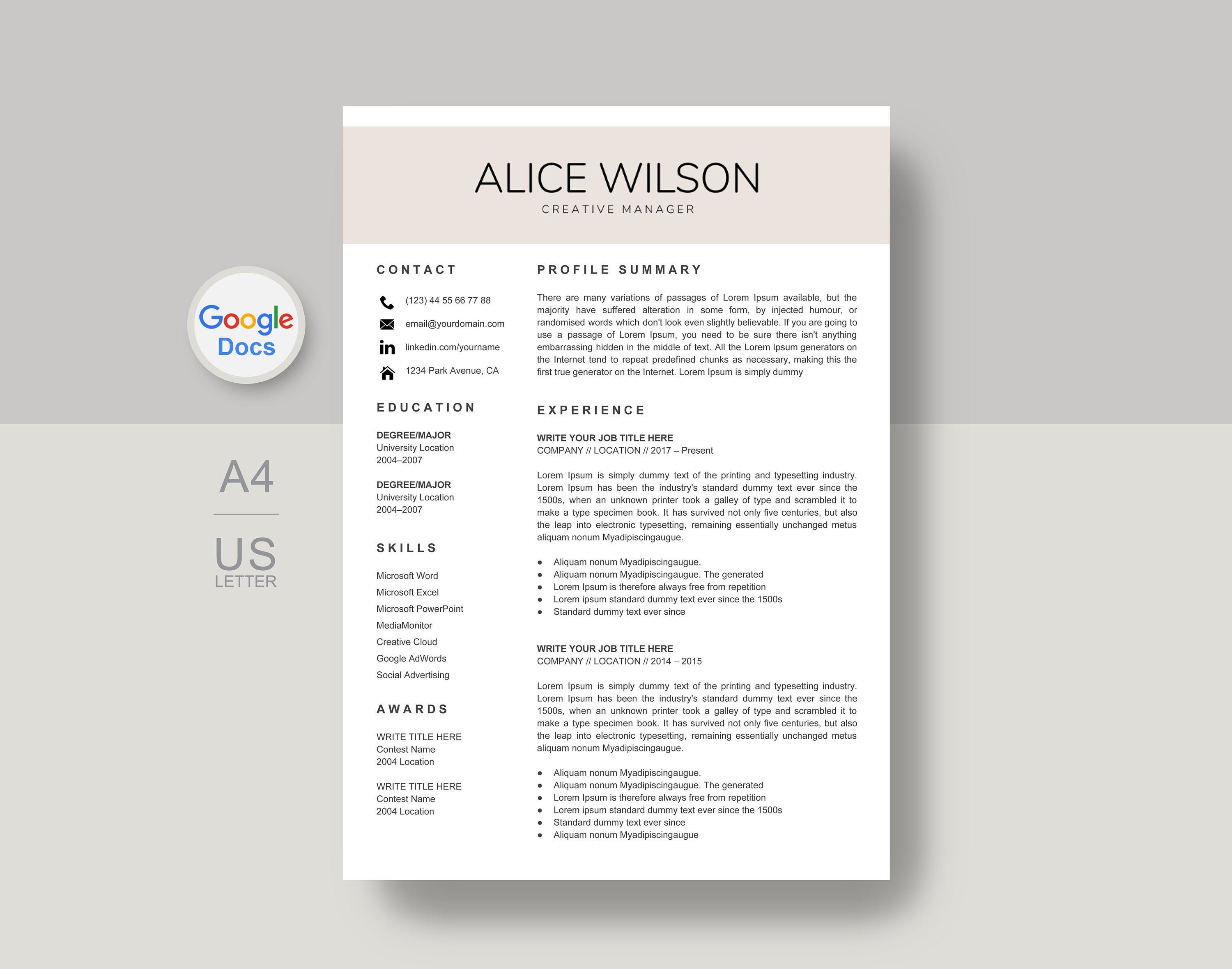 Plantilla Cv Google Docs Google Docs Resume Template Google Docs Resume Template - Etsy Israel