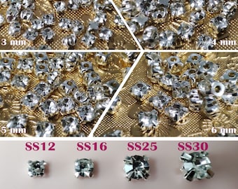 Silver Base Flatback Crystal Clear Claw Sew On Diamond Rhinestones 50 PCS 3 - 6 mm SS12 - SS30