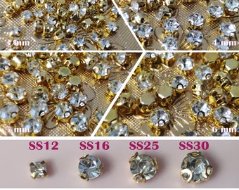 Base dorée à dos plat, griffe transparente à coudre sur strass diamant, 50 pièces 3 à 6 mm SS12 à SS30