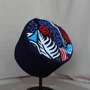 Vibrant Denim Kufi Hat with African Print Accent - Handmade in the USA