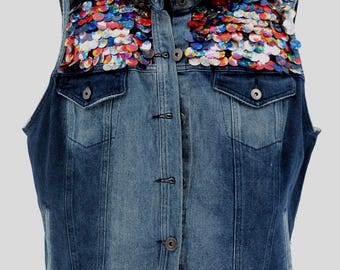 Sequin denim vest, distressed sequin denim vest