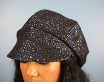 Denim Newsboy Cap with a Multi Colored Print