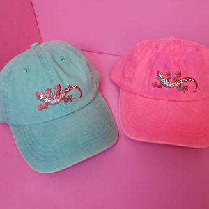 Neon gecko embroidered dad cap, Southwestern lizard patch